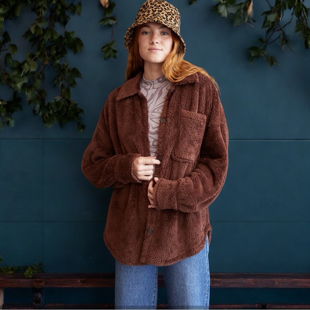 PacSun Homecoming Teddy Button Down Brown Jacket - Picture 5 of 14